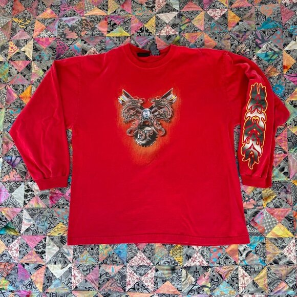 Y2K Streetwear Mens size Large Distressed Dragon Fire Flames Long Sleeve T-shirt - Picture 1 of 8